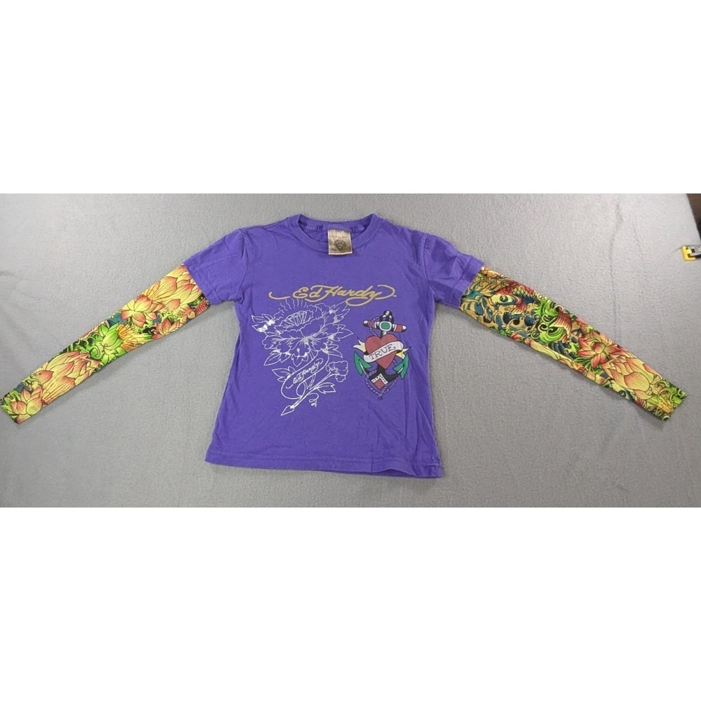 Ed Hardy Kids Tattoo Shirt Long Sleeve Purple Graphic Foil Diamond Heart Size 6